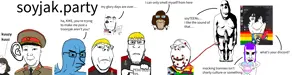 alicia, chudjak, cobson, kuzjak, markiplier soyjak, bobo the sharty janny, closed mouth, clothes, collar tabs, communism