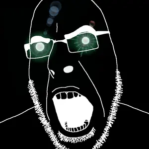cobson, thougher, black skin, glasses, glowing, glowing eyes, green eyes, inver, open mouth, soyjak