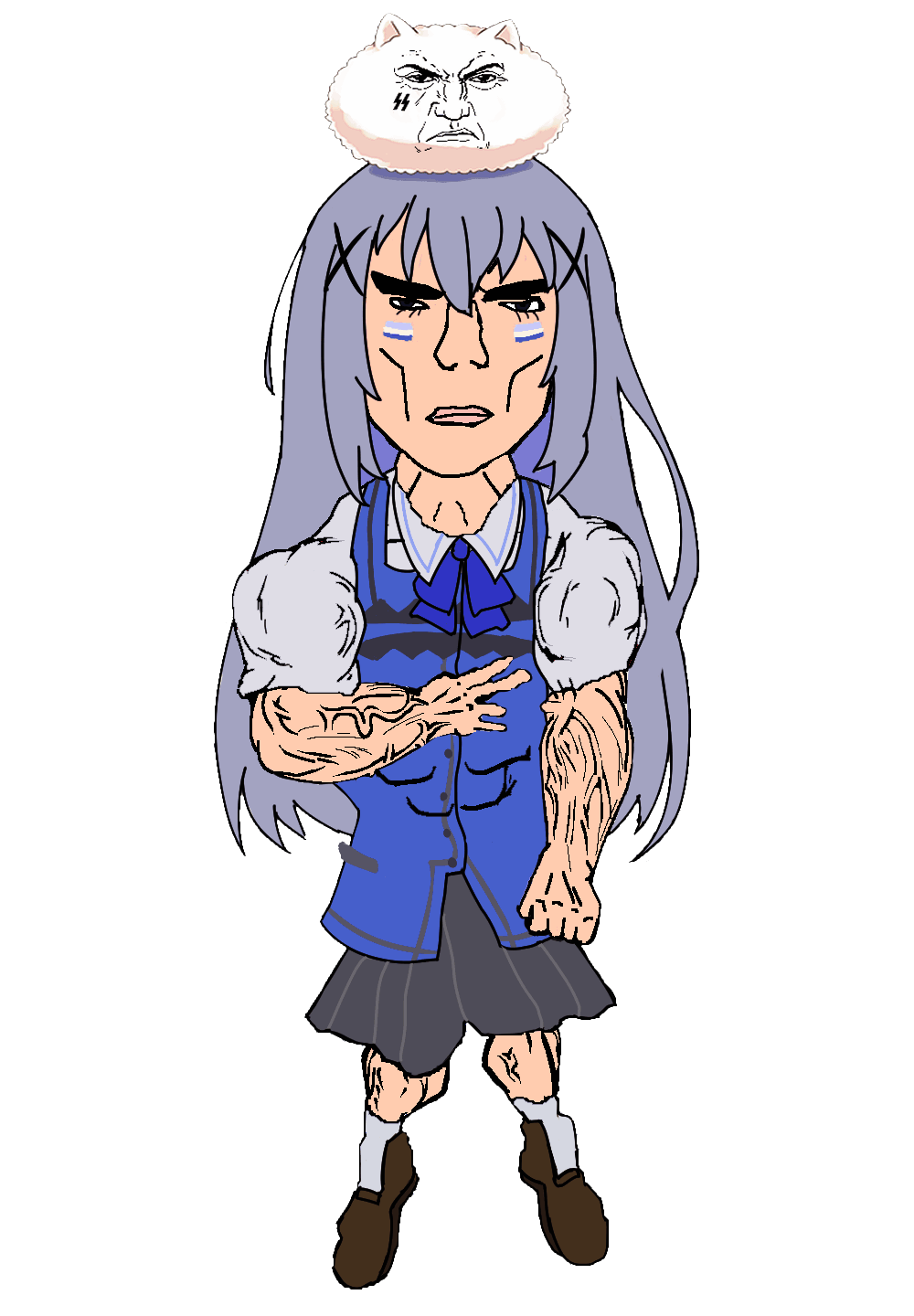 chino kafuu, chudjak, chudjak front, unbotheredchud, punoon face, anime, blue hair, bowtie, buff, clothes
