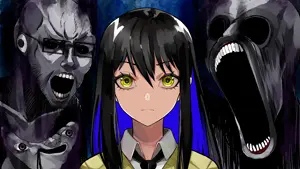 wojak, soyak, anime, art, brainlet, female, glasses, horror, manga, mieruko chan