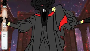 markiplier soyjak, bottle, demon, drink, elden ring, glasses, gray skin, horns, open mouth, red eyes