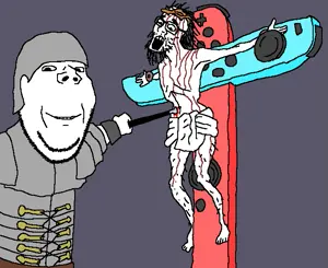 gapejak, unknown, wholesome soyjak, 2soyjaks, armor, blood, closed mouth, clothes, crucifixion, ear