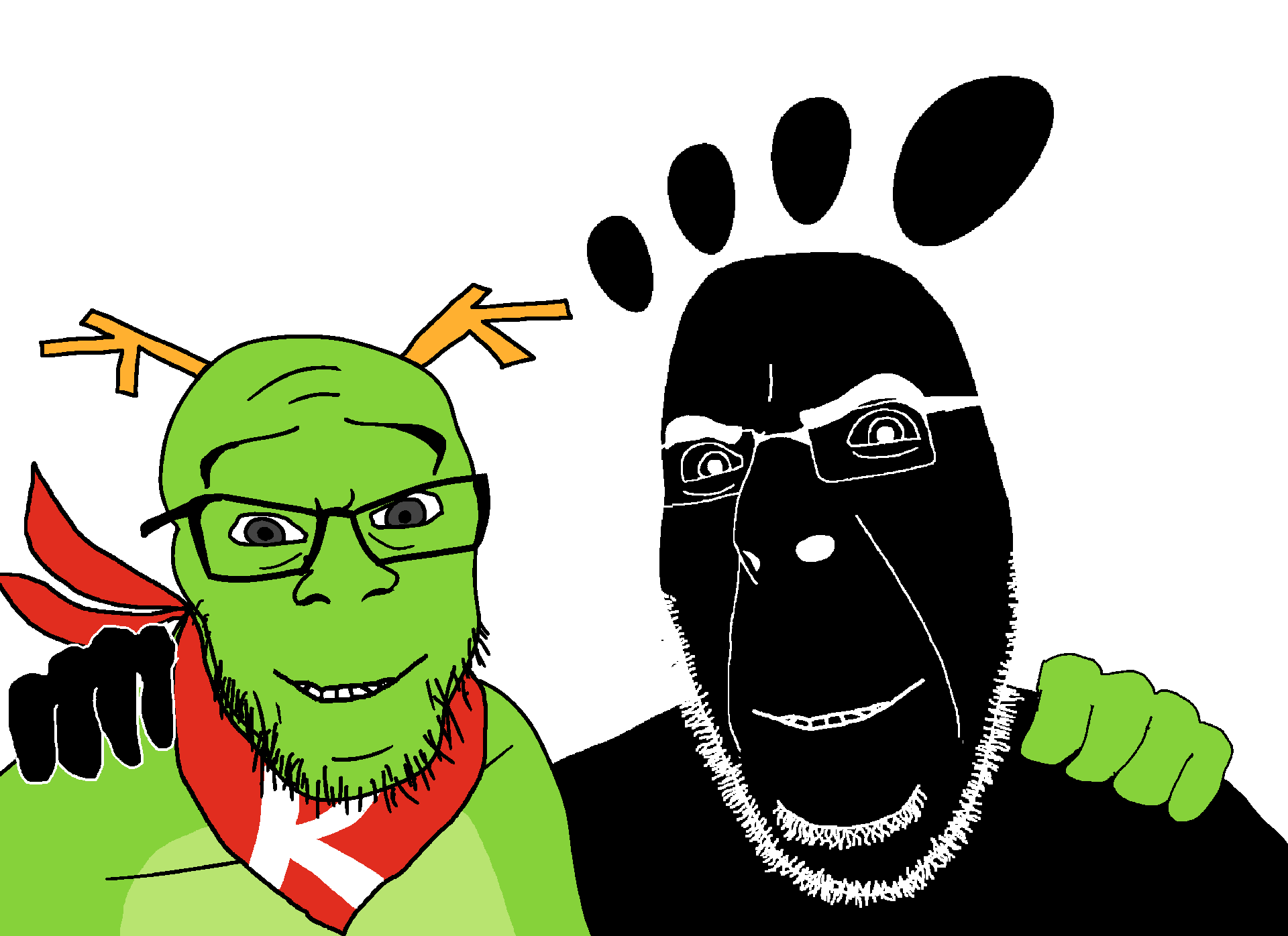 cobson, feraljak, no more brother wars, 2soyjaks, antler, bandana, black skin, closed mouth, dragon, feet