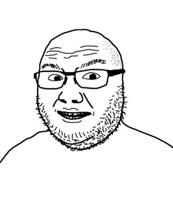 logjak, 1soyjak, black eyes, fat, forehead lines, glasses, half open mouth, monochrome, soyjak, stubble