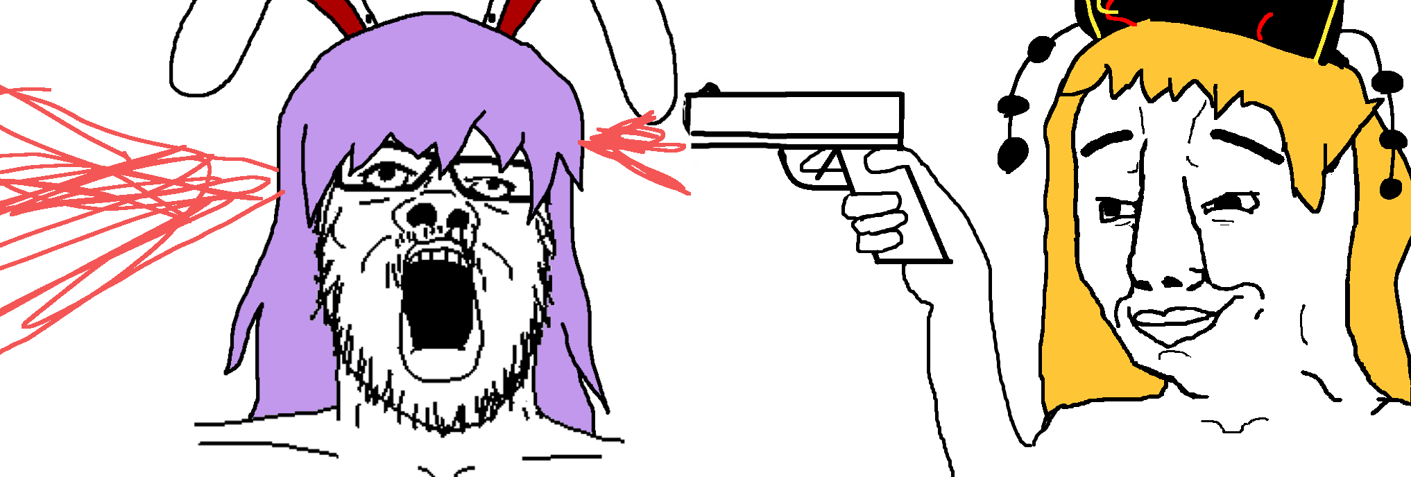 junko (touhou), reisen udongein inaba, a24 slowburn soyjak, chudjak, 2soyjaks, animal ears, anime, arm, blonde hair, blood