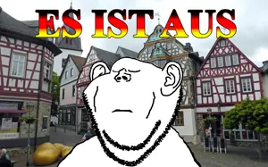 impish soyak ears, its over, closed eyes, ear, flag, german text, germany, irl background, real life, soyjak