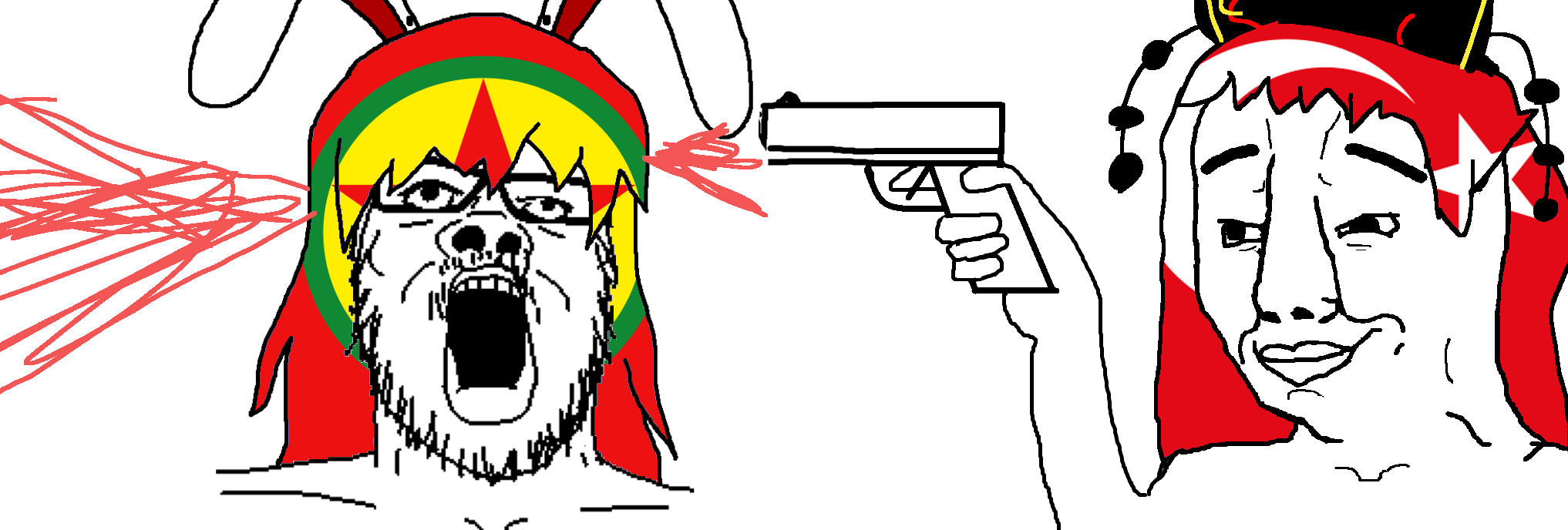junko (touhou), reisen udongein inaba, a24 slowburn soyjak, chudjak, 2soyjaks, animal, anime, blood, firearm, gun