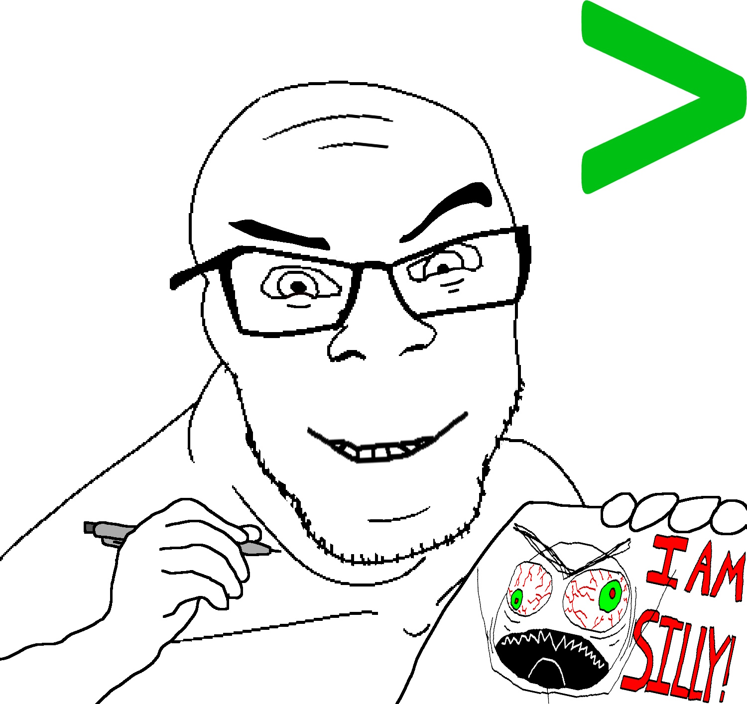 feraljak, angry, arm, bloodshot eyes, closed mouth, comic, glasses, greentext, hands, holding object