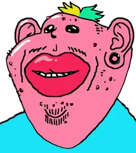 impish soyak ears, acne, blonde hair, closed mouth, colorful hair, ear, green hair, hair, mustache, pink skin