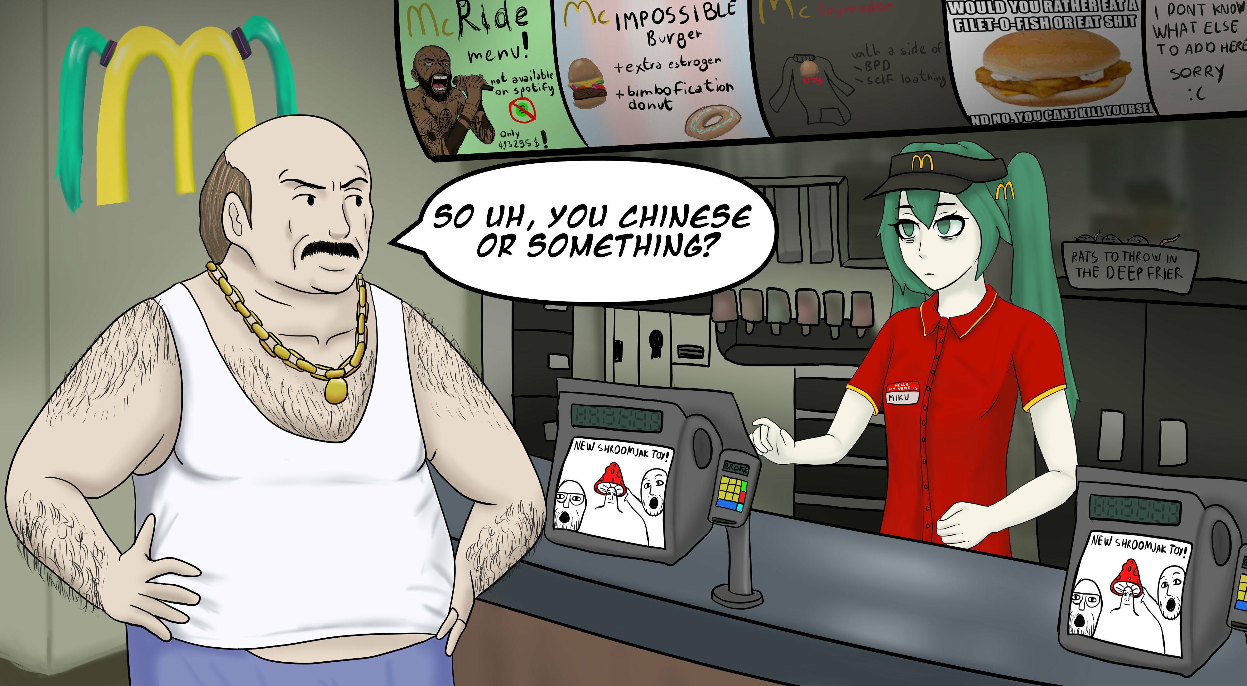 hatsune miku, shroomjak, wojak, two pointing soyjaks, aqua teen hunger force, arm, boymoder, carl (athf), carl brutananadilewski, drawn background