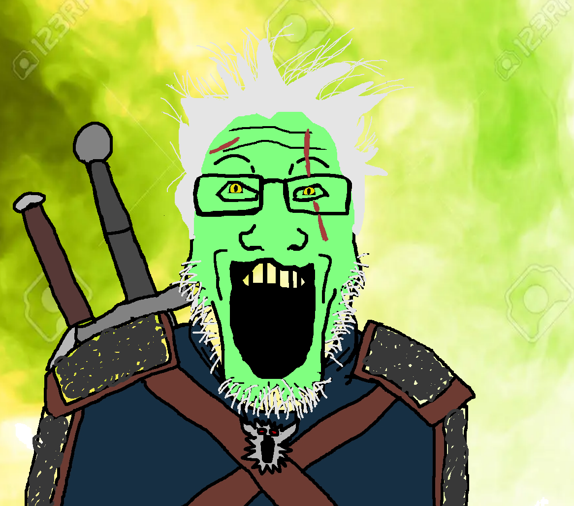 markiplier soyjak, clothes, geralt of rivia, glasses, gray hair, green skin, hair, happy, open mouth, slit pupils