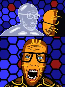 nerdjak, geek vs nerd, 3soyjaks, blue eyes, glasses, movie, open mouth, soyjak, stubble, the lawnmower man