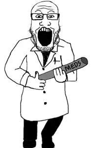 markiplier soyjak, clothes, doctor, dr. sprokeberg, full body, glasses, hands, holding object, open mouth, soyjak