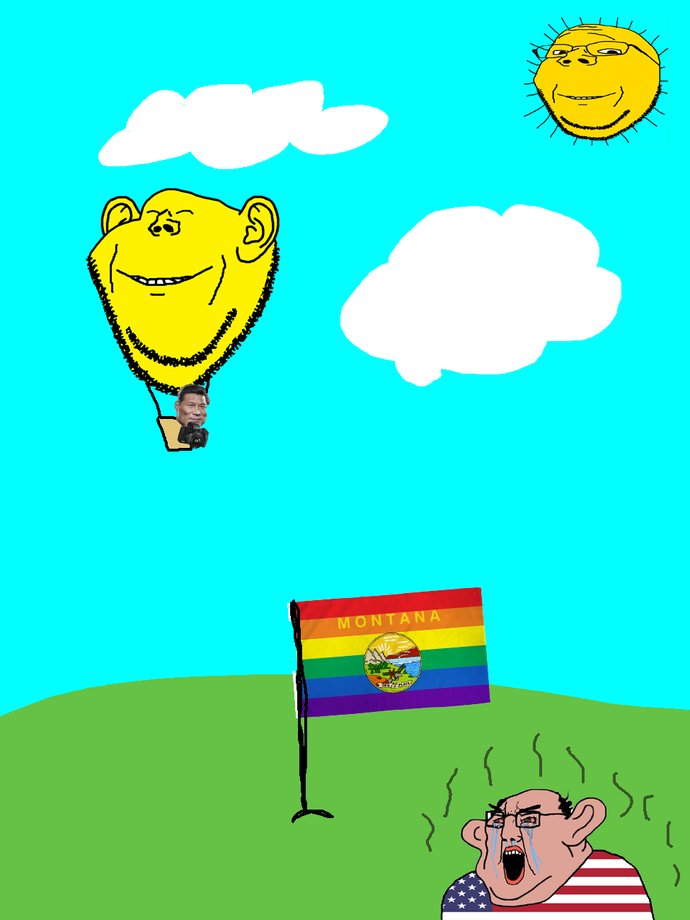 chudjak, gapejak, impish soyak ears, wholesome soyjak, amerimutt, 3soyjaks, balloon, brown skin, camera, china