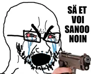 cryboy soyjak, bloodshot eyes, crying, finnish text, glasses, gun, open mouth, soyjak, stubble, weapon
