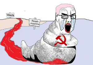 chudjak, angry, blood, communism, crying, finnish text, glasses, hair, hammer and sickle, lipstick