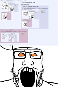 markiplier soyjak, soyak, crazed, glasses, head box, multiple soyjaks, open mouth, orange eyes, reddit, soyjak