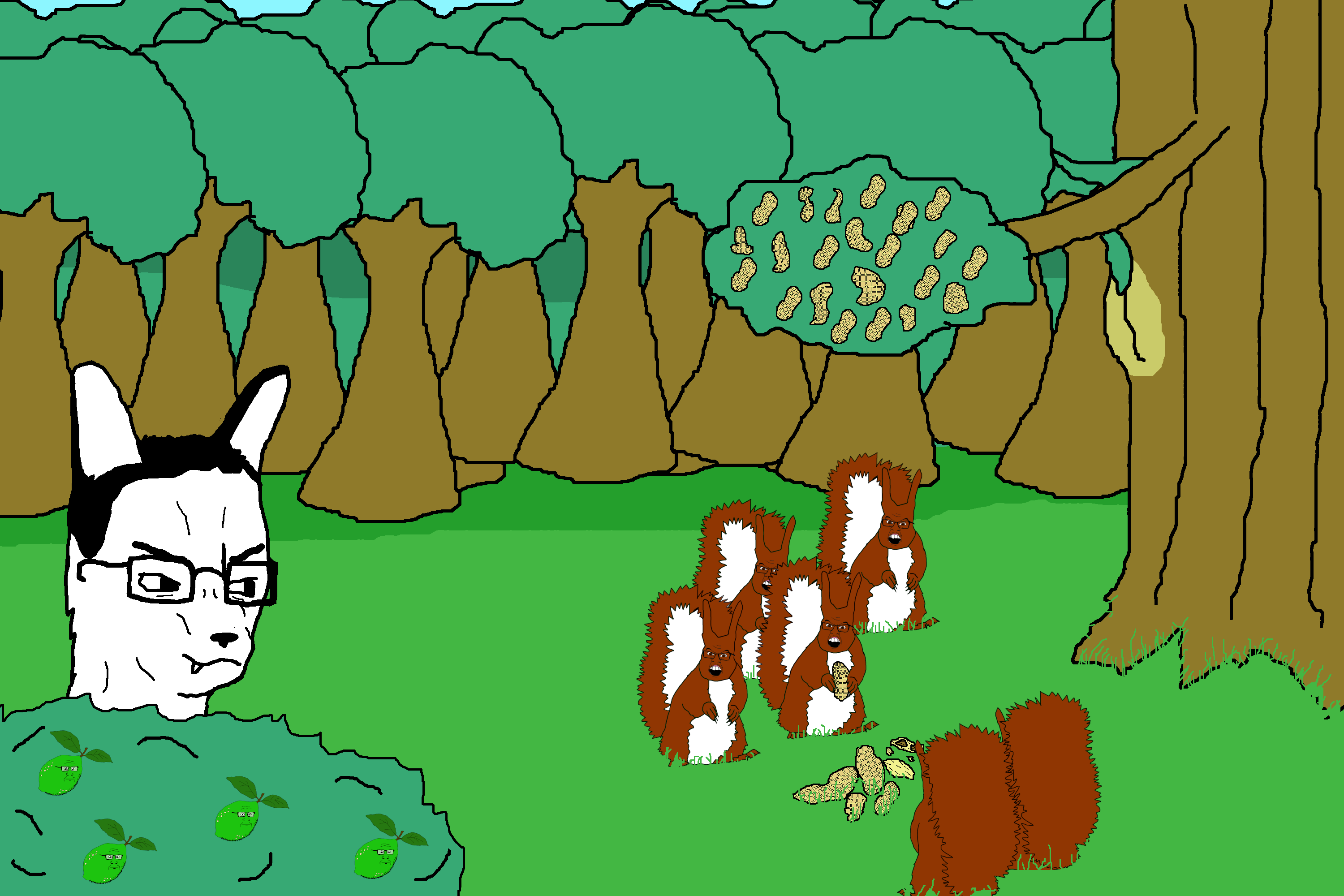 chudjak, feraljak, markiplier soyjak, feralsquirrel, squirreljak, animal, back, bush, canine, closed mouth