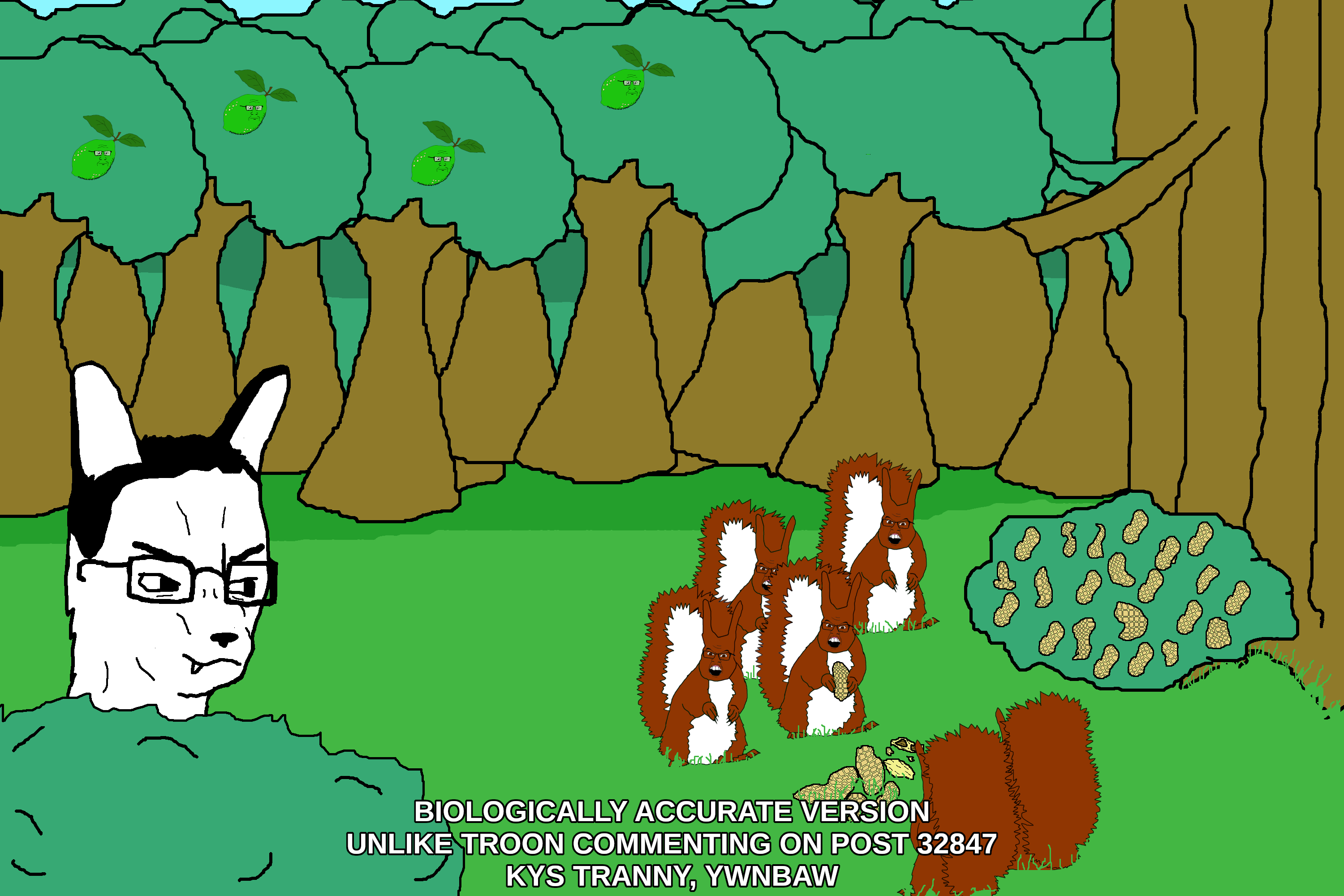 chudjak, feraljak, markiplier soyjak, feralsquirrel, squirreljak, animal, back, bush, canine, closed mouth