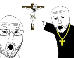 markiplier soyjak, two pointing soyjaks, 3soyjaks, christianity, clothes, cross, crucifixion, full body, glasses, mustache