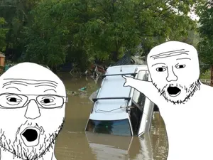 two pointing soyjaks, 2soyjaks, arm, car, flood, glasses, hands, irl background, mustache, open mouth