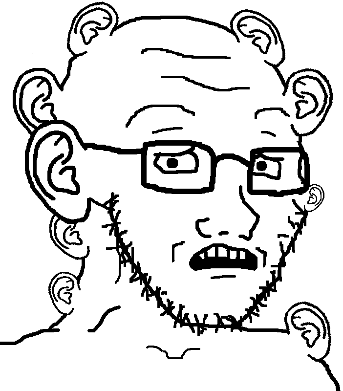 soyak, soyak (concerned), 1soyjak, bald, black eyes, ear, glasses, looking to the right, monochrome, multiple ears