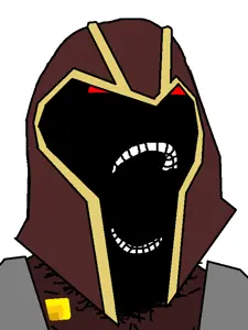 gapejak, armor, clothes, doom, hat, helmet, open mouth, red eyes, soyjak, strife quest for the sigil