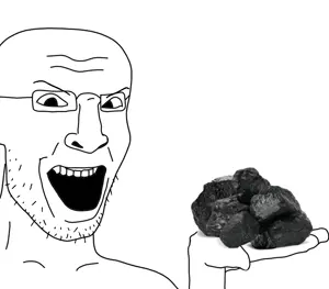 unknown, arm, coal, glasses, hands, holding coal, holding object, open mouth, soyjak, stubble