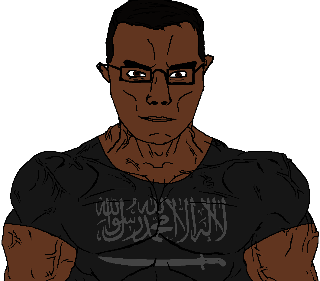 chudjak, chudjak front, muscular chud, angry, arabic text, arm, brown eyes, brown skin, buff, closed mouth