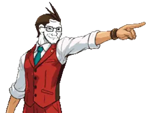 soyak, ace attorney, apollo justice, clothes, pixel art, pointing, smug, soyjak, sprite edit, suit