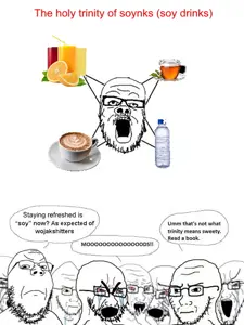 a24 slowburn soyjak, cryboy soyjak, gapejak, soyak, angry, bloodshot eyes, bushy eyebrows, coffee, comic, concerned