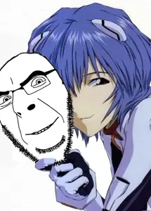rei ayanami, cobson, anime, blue hair, closed mouth, glasses, hair, mask, smile, soyjak
