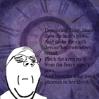 gapejak, wholesome soyjak, 1soyjak, bald, black eyes, clock, closed mouth, cosmos, glasses, half closed eyes