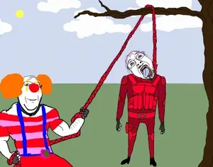 bernd, gapejak, hanging troonjak, troonjak, wholesome soyjak, 2soyjaks, ack, bloodshot eyes, closed mouth, clothes