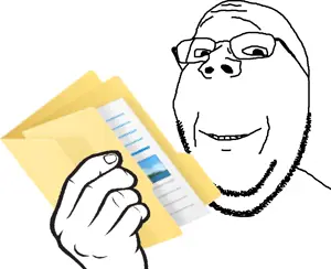 gapejak, wholesome soyjak, closed mouth, folder, glasses, grin, hands, holding object, smile, soyjak