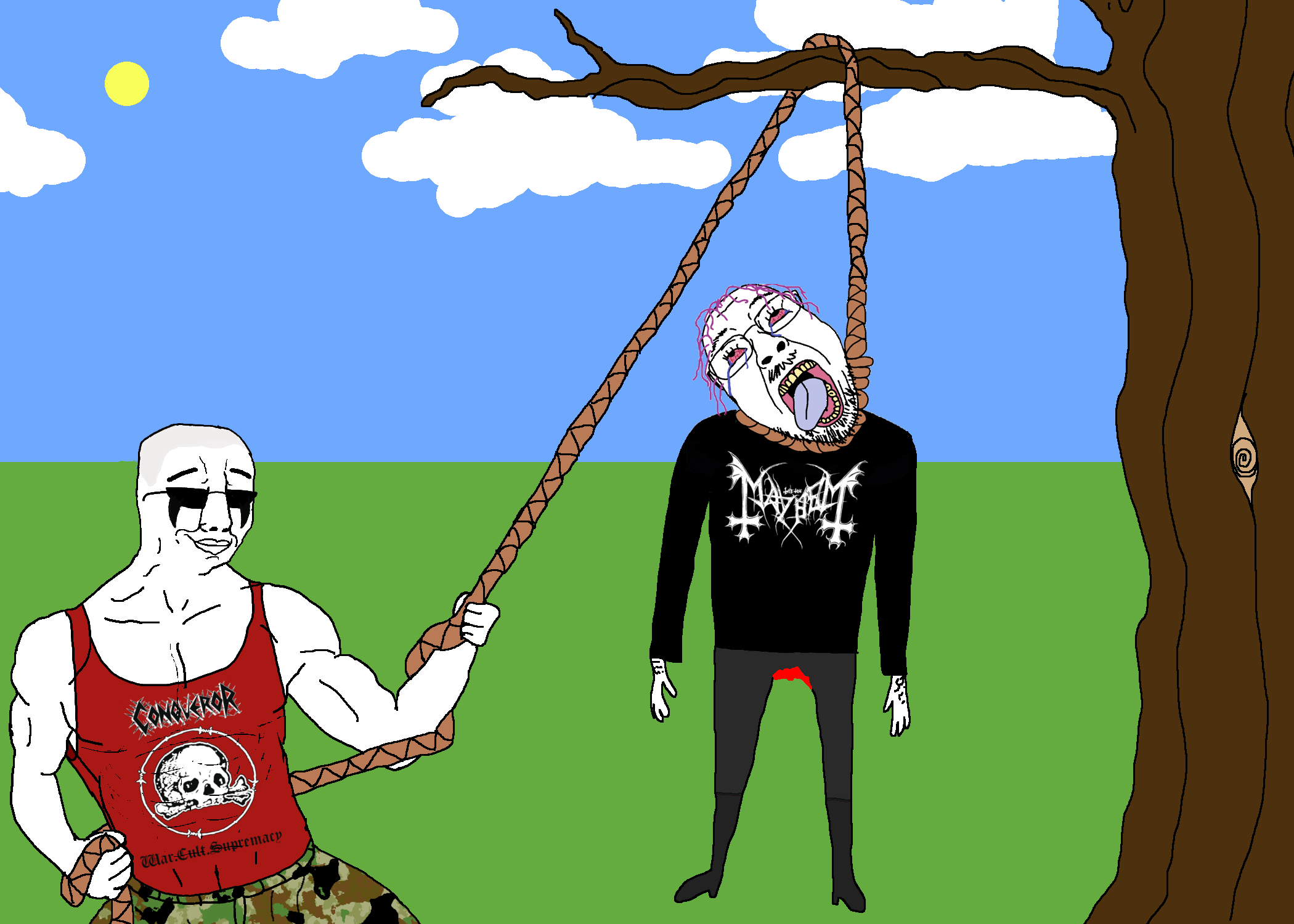 bernd, chudjak, hanging troonjak, troonjak, ack, blood, bloodshot eyes, buff, closed mouth, clothes