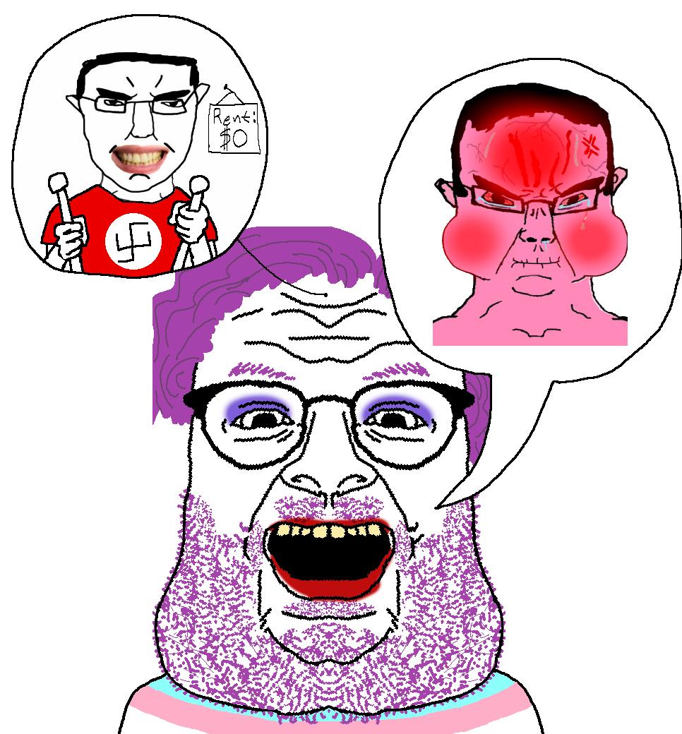 chudjak, its out get in here, angry, glasses, nazism, open mouth, pink skin, purple eyebrows, purple hair, purple stubble