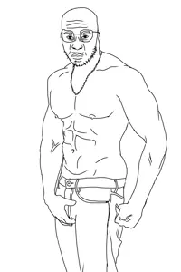 unknown, arm, buff, chains, closed mouth, clothes, glasses, hands, mustache, soyjak