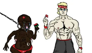 soyak, angry, arm, black skin, blonde hair, blue eyes, buff, chains, closed mouth, crying
