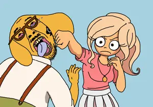 coco schoppenboer, bernd, jannyjak, ack, animal, animal abuse, blonde hair, bloodshot eyes, brown eyes, clothes