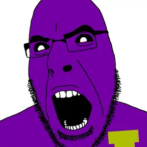 william afton, cobson, angry, badge, black sclera, glasses, open mouth, purple guy, purple skin, soyjak