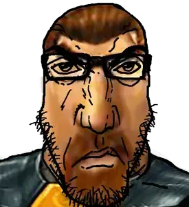 gordon freeman, markiplier soyjak, punisher face, angry, brown hair, closed mouth, glasses, gordon freeman, hair, hev suit