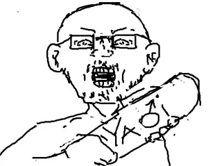 unknown, angry, arm, ear, glasses, hands, holding object, mustache, open mouth, soyjak