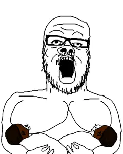a24 slowburn soyjak, arm, baby, breasts, cuck, glasses, hands, holding object, mustache, nigger grub