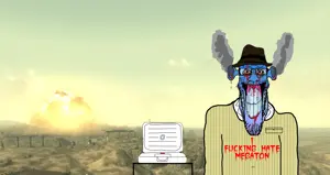 markiplier soyjak, background, blood, bloodshot eyes, blue skin, bomb, button, calm, clothes, explosion