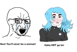 wojak, soyak, bloodshot eyes, blue hair, crying, flag, glasses, hair, meme, open mouth