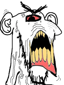 impish soyak ears, splicejak, 1soyjak, angry, bald, black eyes, bloodshot eyes, cyclops, ear, looking at you