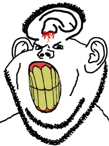 impish soyak ears, angry, blood, clenched teeth, closed mouth, ear, soyjak, stubble, yellow teeth