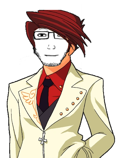 battler ushiromiya, markiplier soyjak, lawrence, anime, closed mouth, clothes, ear, glasses, hair, necktie