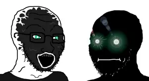 hellcat, soyak, thougher, 2soyjaks, bald, black shirt, black skin, blackface, closed mouth, clothes